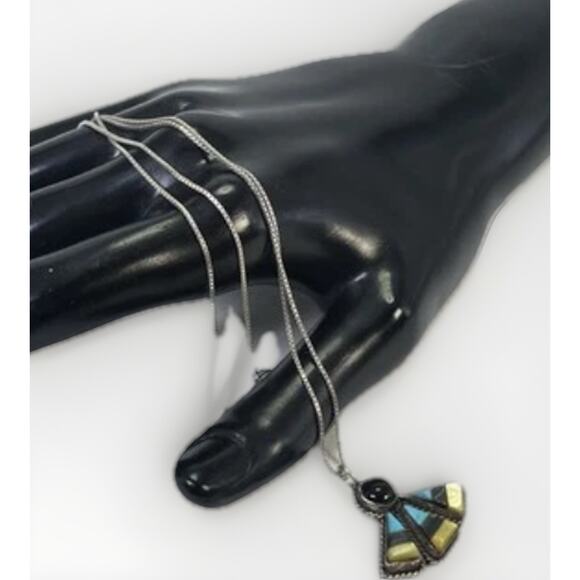 Vintage Navajo Sterling Silver Turquoise Onyx & Coral Pendant Necklace - 19” - Picture 4 of 16